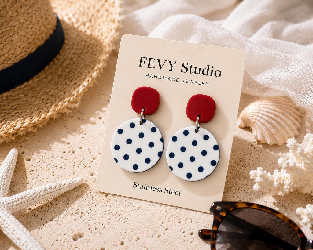 Summer Polymer Clay Earrings, Nautical Striped Earrings, Coastal Beach Jewelry, Lightweight Navy Blue White Dangles, Vacation Earrings