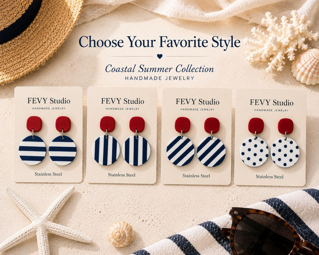 Summer Polymer Clay Earrings, Nautical Striped Earrings, Coastal Beach Jewelry, Lightweight Navy Blue White Dangles, Vacation Earrings