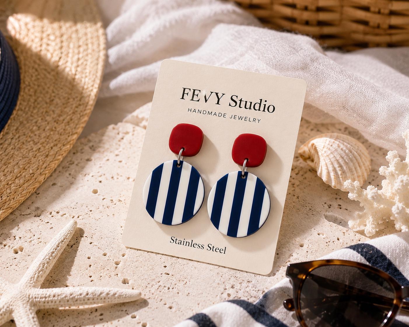 Nautical Striped Polymer Clay Dangle Earrings, Coastal Beach Vacation Jewelry