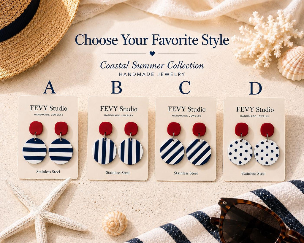 Nautical Striped Polymer Clay Dangle Earrings, Coastal Beach Vacation Jewelry