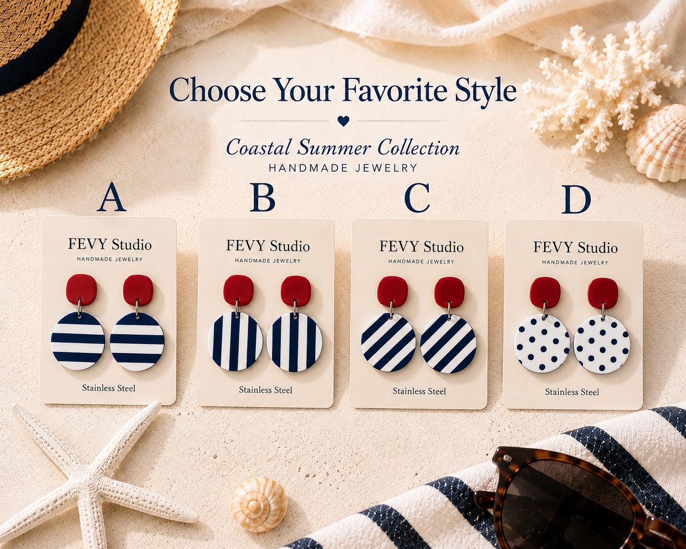 Nautical Striped Polymer Clay Dangle Earrings, Coastal Beach Vacation Jewelry