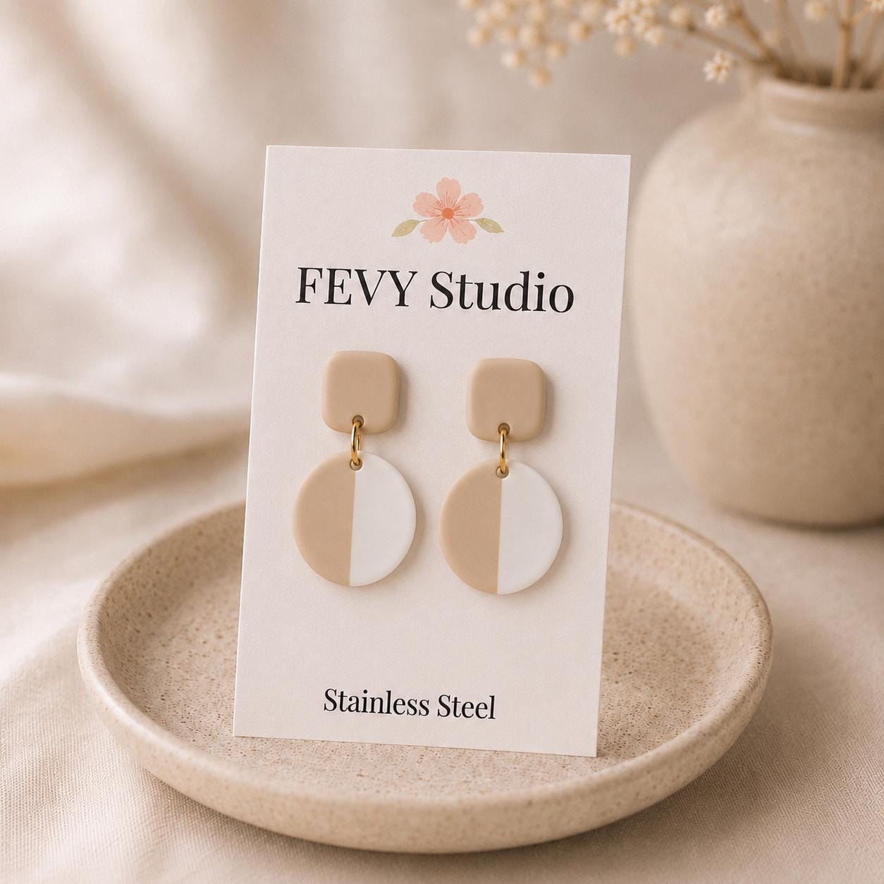 Beige White Color-Block Polymer Clay Dangle Earrings | Minimalist Gold Accent Jewelry