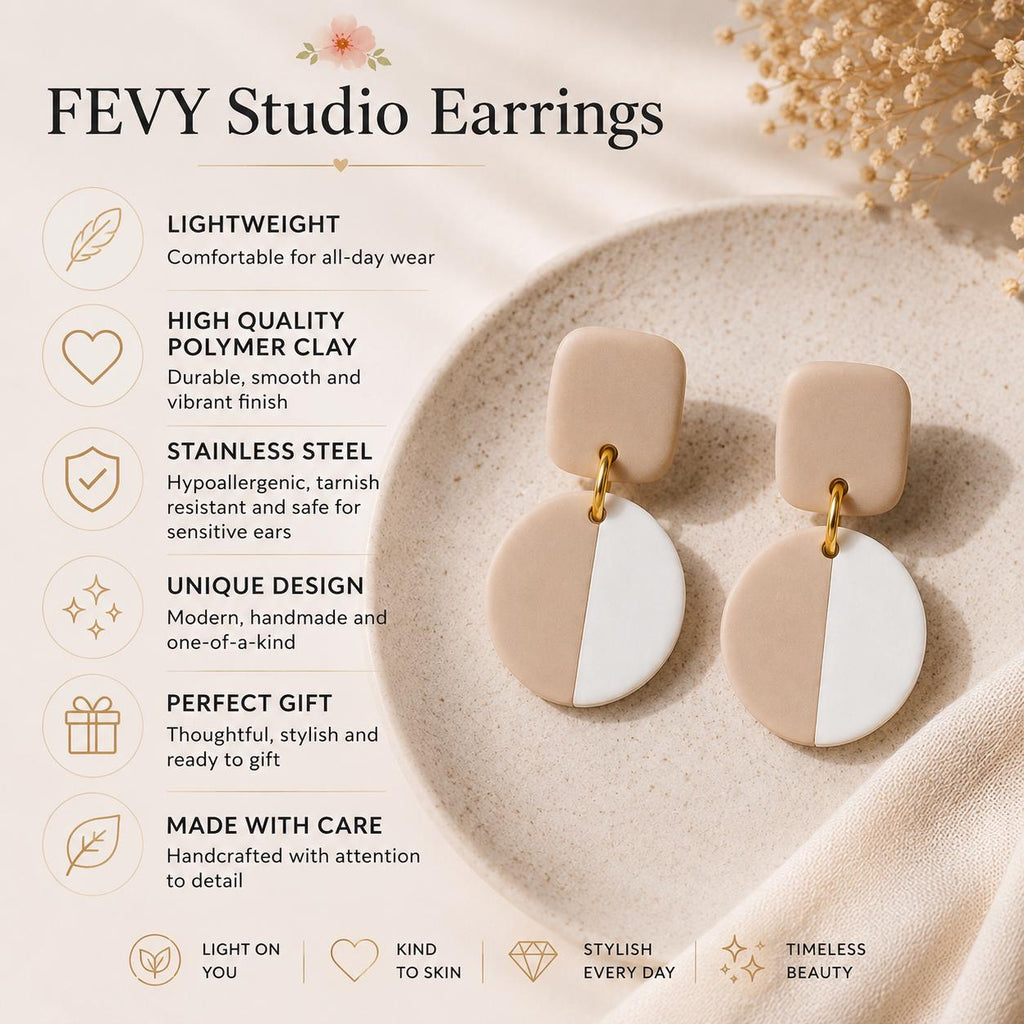 Beige White Color-Block Polymer Clay Dangle Earrings | Minimalist Gold Accent Jewelry