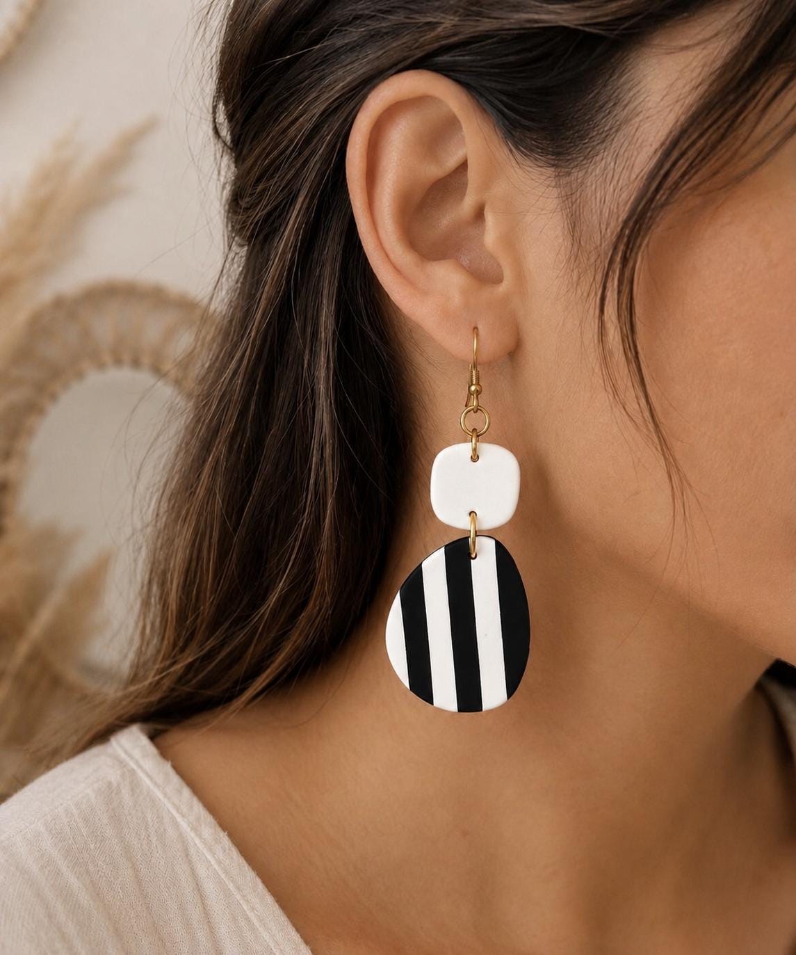 Black White Striped Polymer Clay Dangle Earrings | Modern Minimalist Style