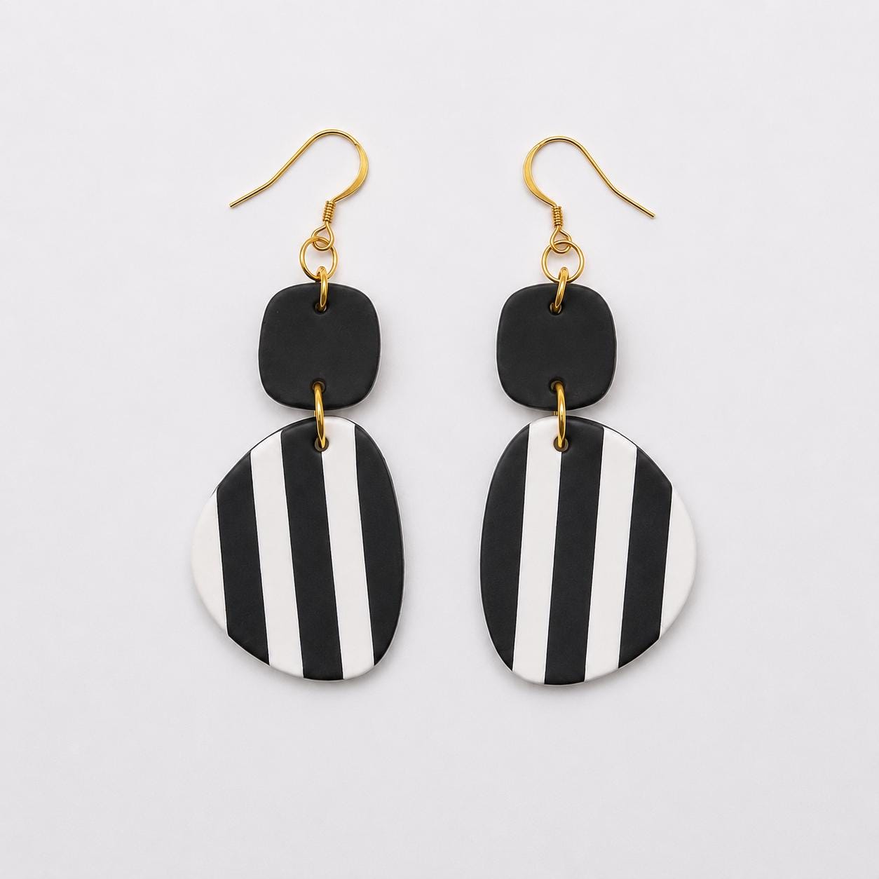 Black White Striped Polymer Clay Dangle Earrings | Modern Minimalist Style