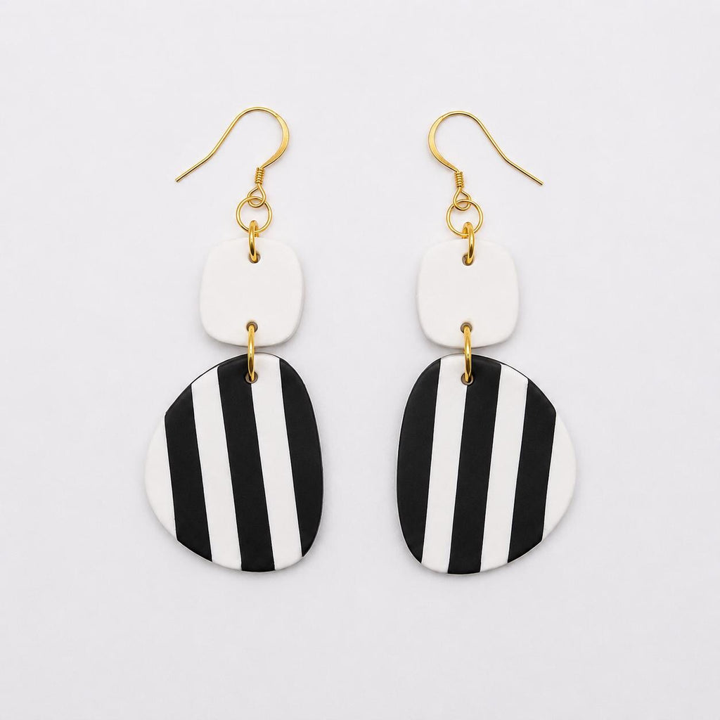 Geometric Striped Polymer Clay Earrings | Modern Minimalist Dangles (White or Black Top)