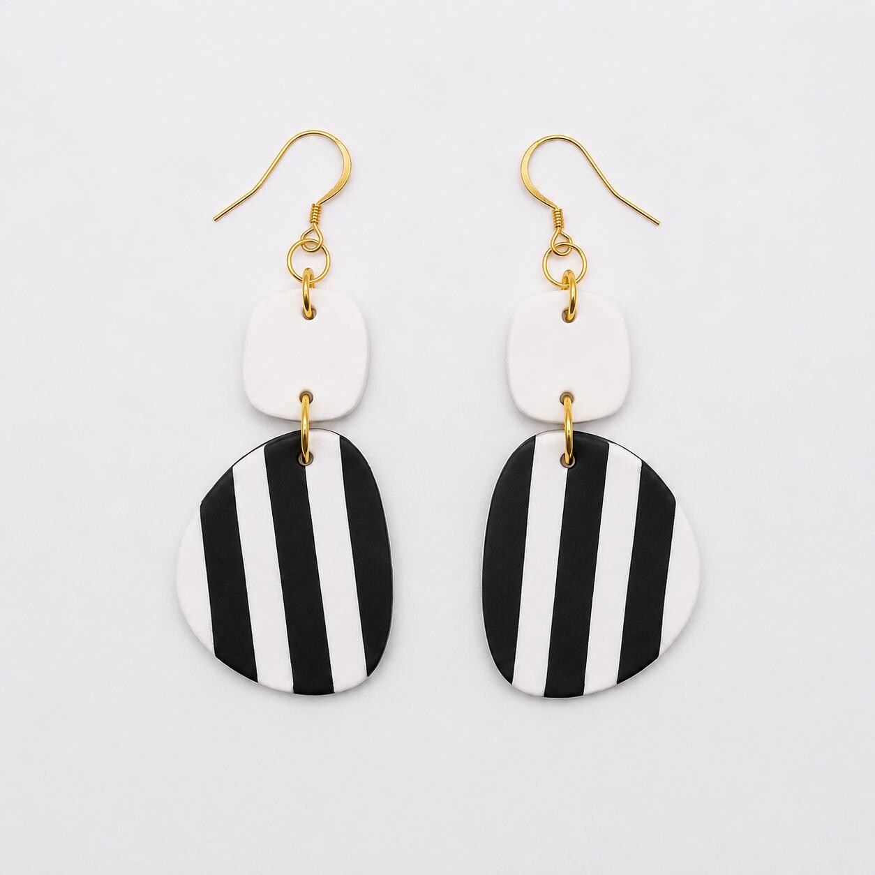 Black White Striped Polymer Clay Dangle Earrings | Modern Minimalist Statement Jewelry