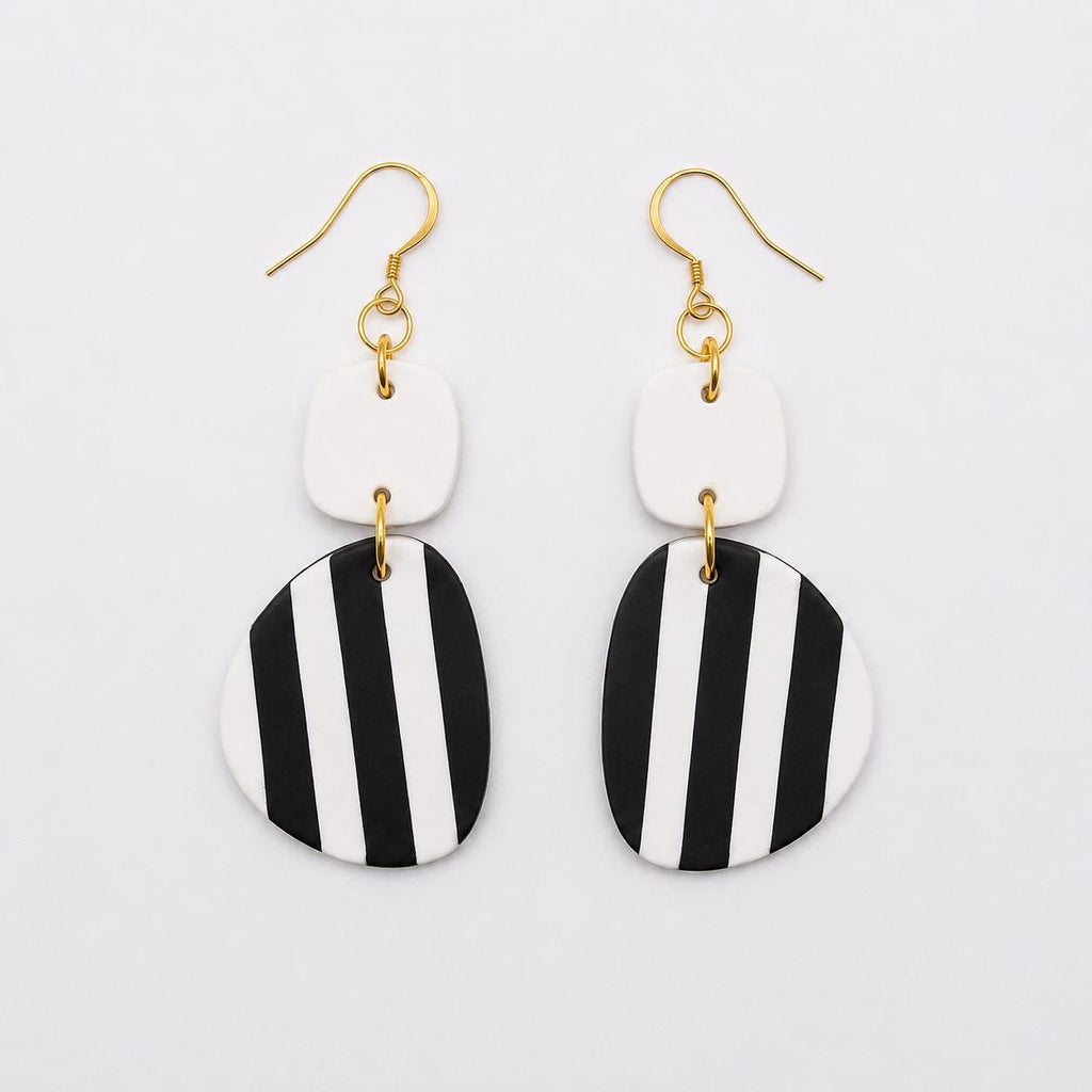 Black White Striped Polymer Clay Dangle Earrings | Modern Minimalist Style
