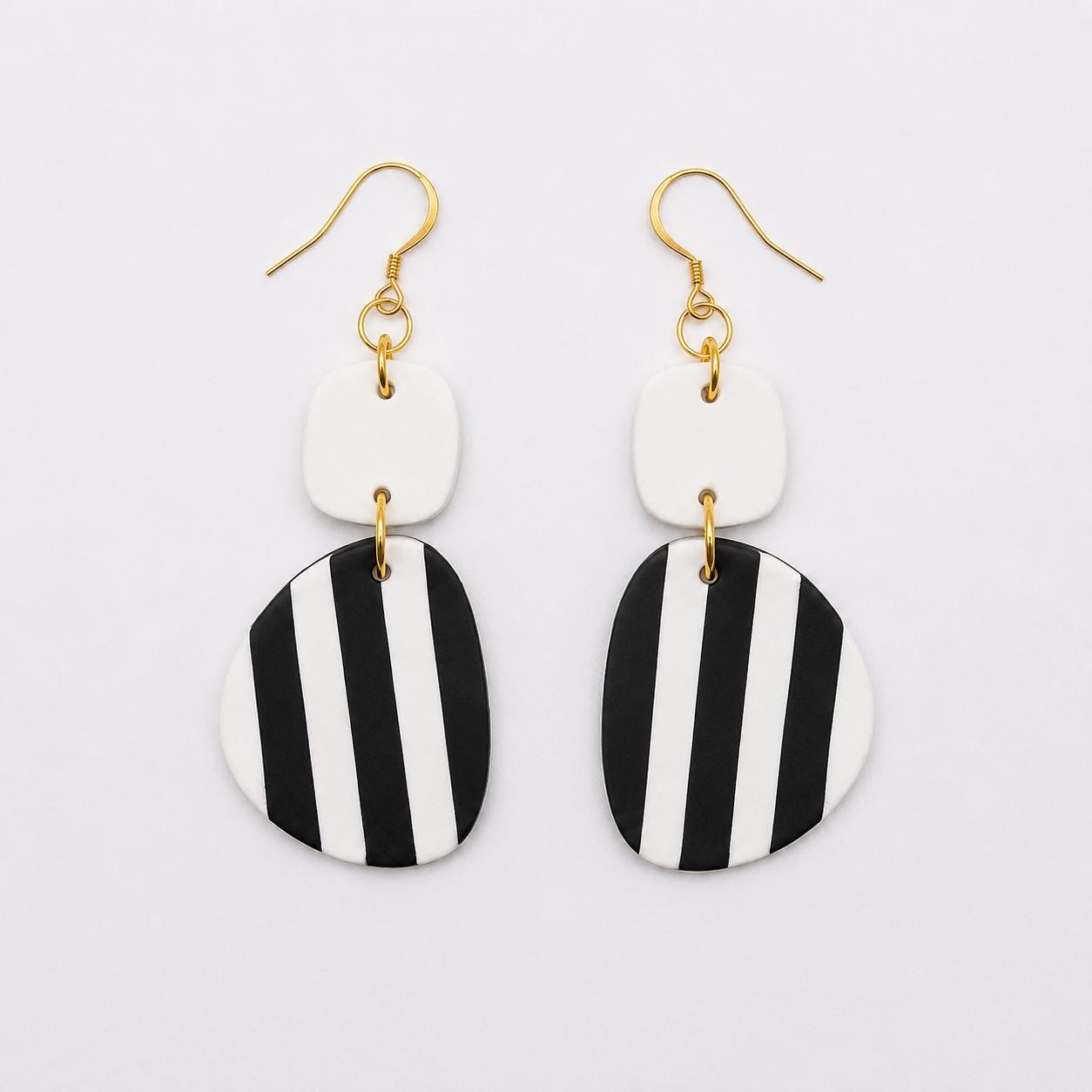 Black White Striped Polymer Clay Dangle Earrings | Modern Minimalist Style