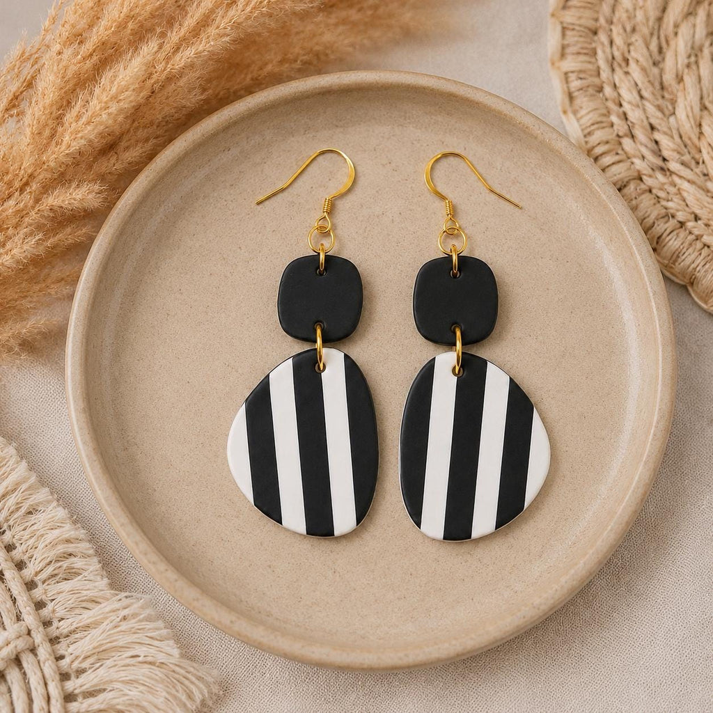 Black White Striped Polymer Clay Dangle Earrings | Modern Minimalist Style