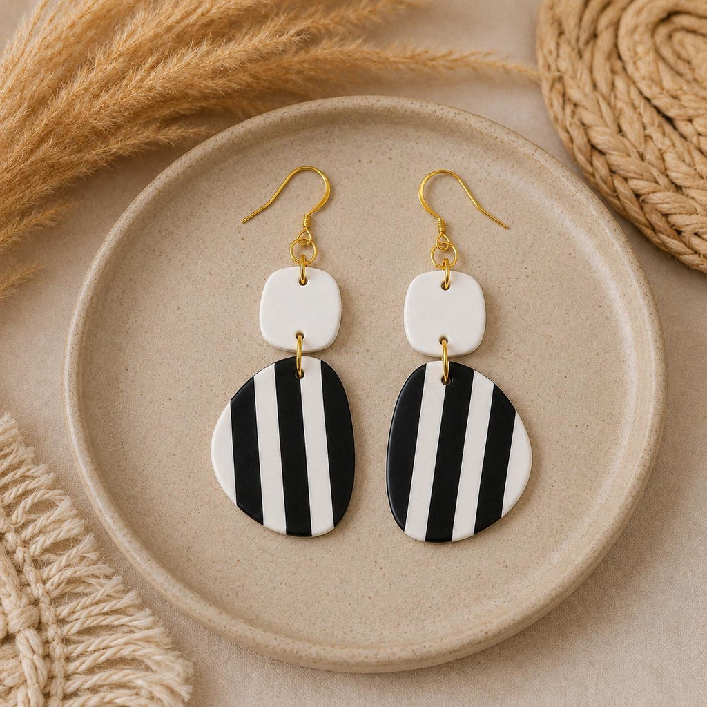 Geometric Striped Polymer Clay Earrings | Modern Minimalist Dangles (White or Black Top)