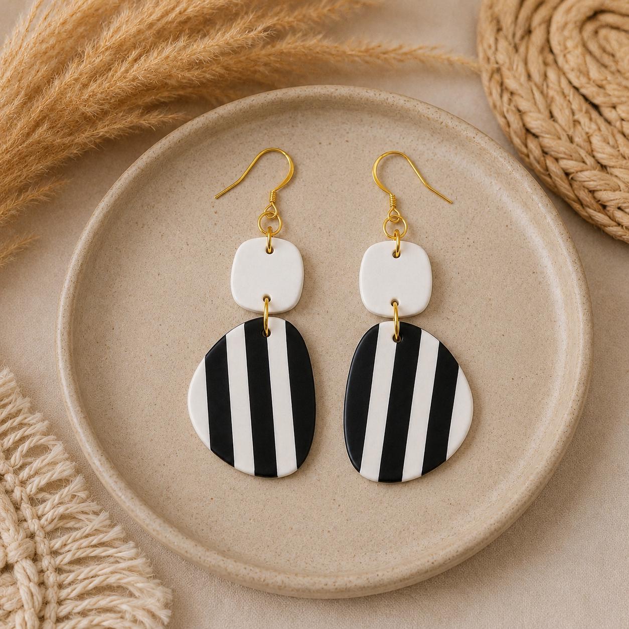 Geometric Striped Polymer Clay Earrings | Modern Minimalist Dangles (White or Black Top)