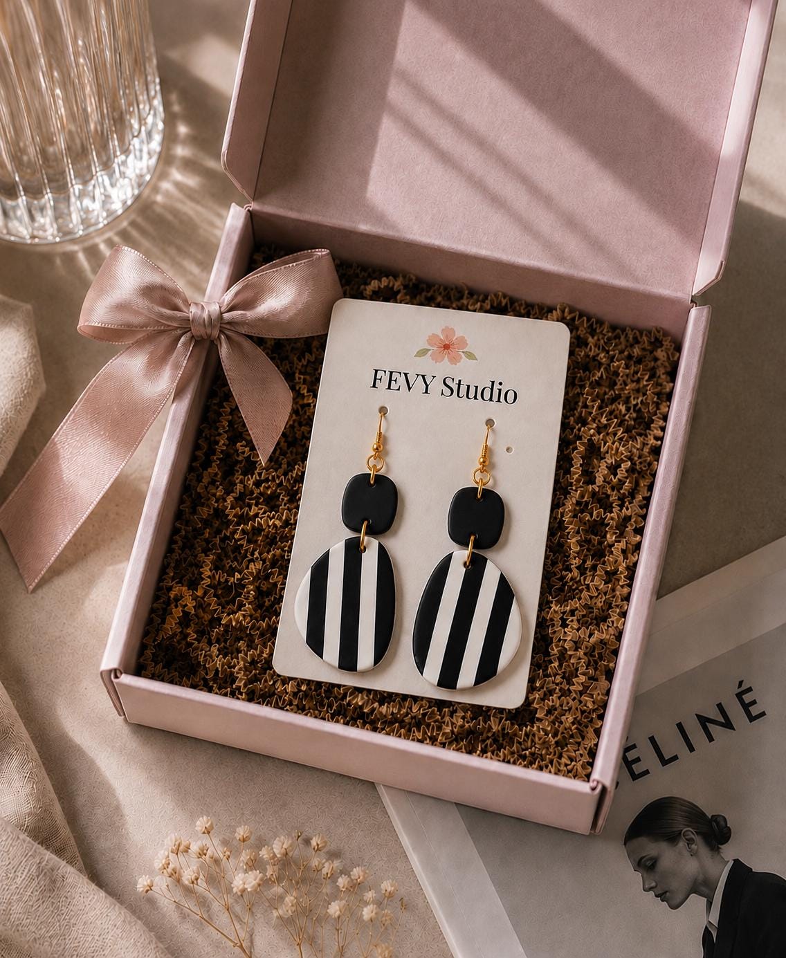 Black White Striped Polymer Clay Dangle Earrings | Modern Minimalist Statement Jewelry