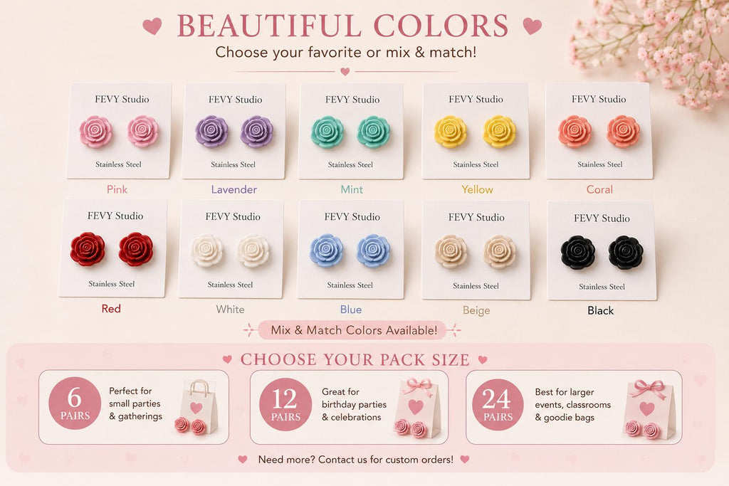 Personalized Rose Stud Earrings | Polymer Clay Party Favors, Stainless Steel Posts