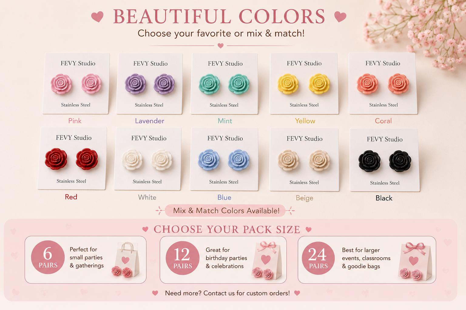 Personalized Rose Stud Earrings | Polymer Clay Party Favors, Stainless Steel Posts
