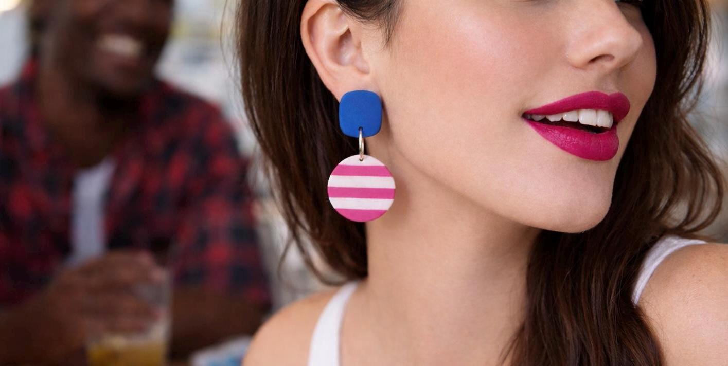 Coastal Chic Earrings, Handmade Striped Polymer Clay Dangles, Lightweight Summer Jewelry, Bold Statement Earrings for Women