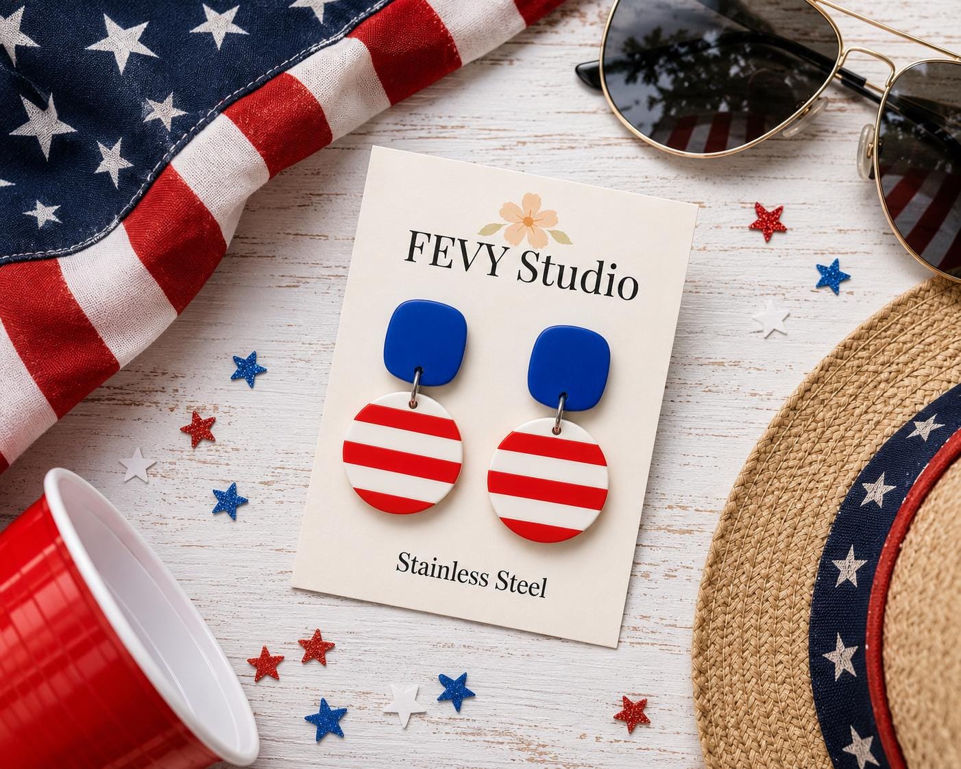 Patriotic Red White Blue Earrings | 4th of July Earrings | Independence Day Jewelry | Handmade Polymer Clay Dangle Earrings