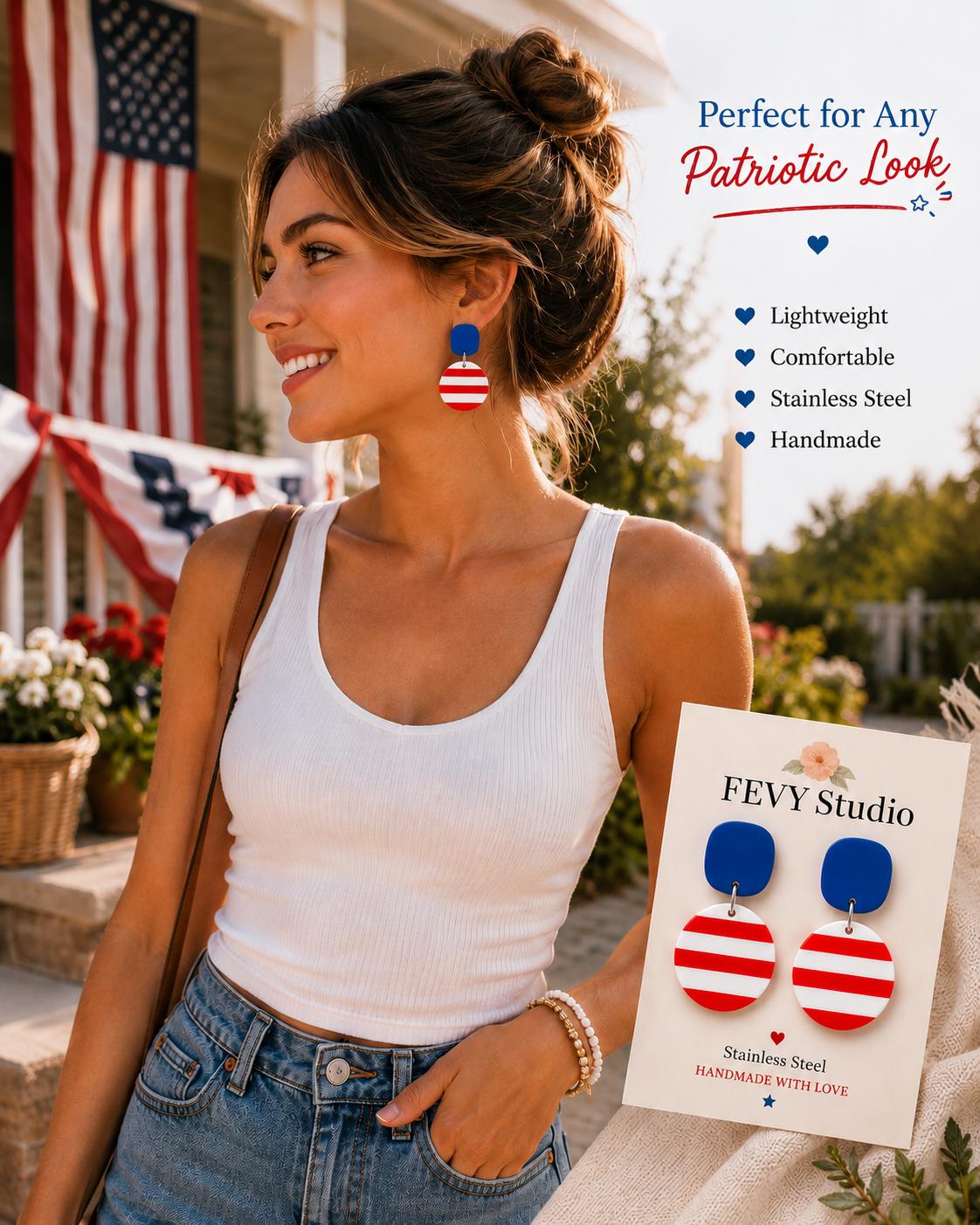 Patriotic Earrings for Women | 4th of July Earrings | Red White Blue Jewelry | Handmade Clay Dangle Earrings