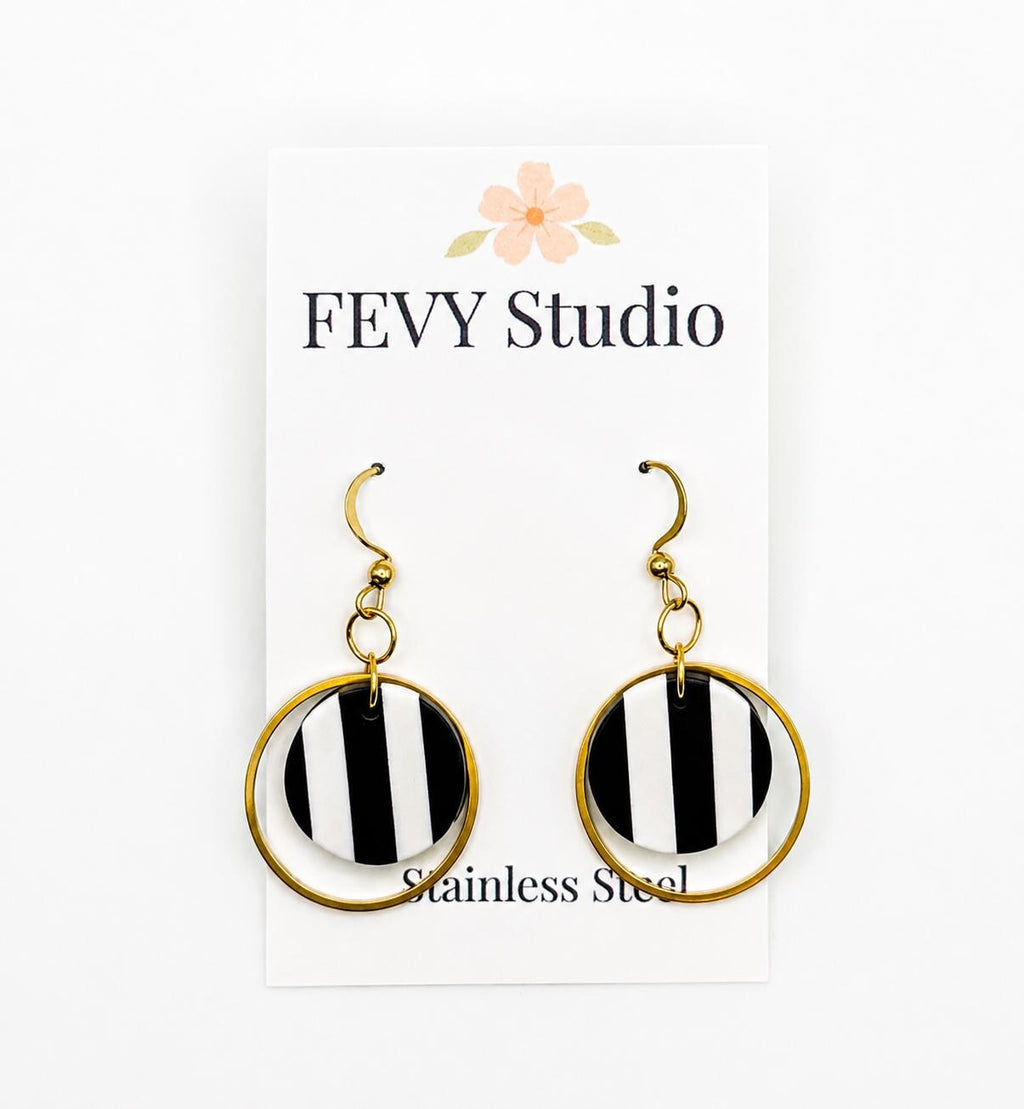 Black White Stripe Polymer Clay Earrings, 18K Gold Plated Geometric Hoops