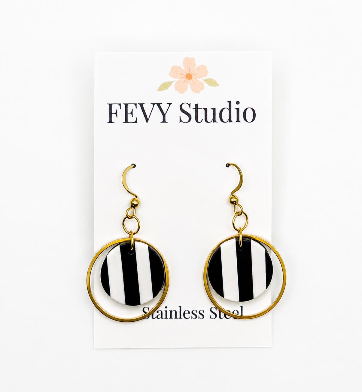 Black White Stripe Polymer Clay Earrings, 18K Gold Plated Geometric Hoops