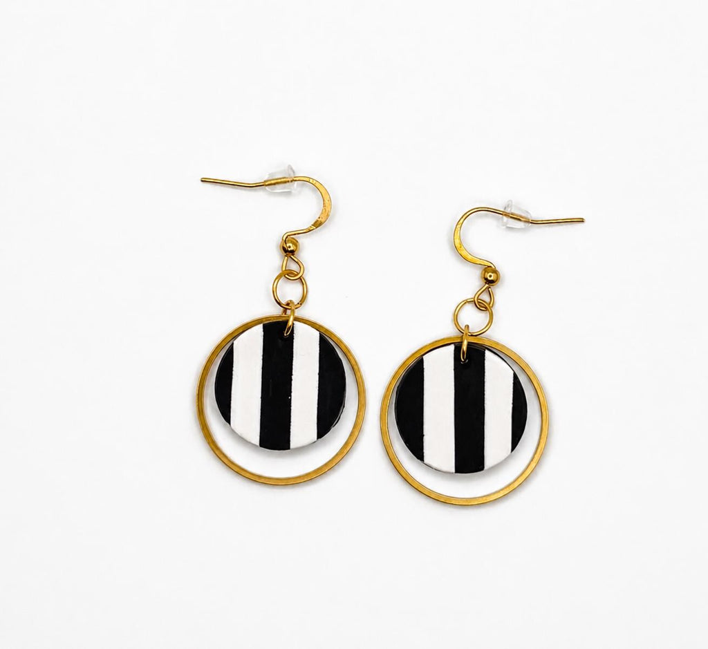 Black White Stripe Polymer Clay Earrings, 18K Gold Plated Geometric Hoops