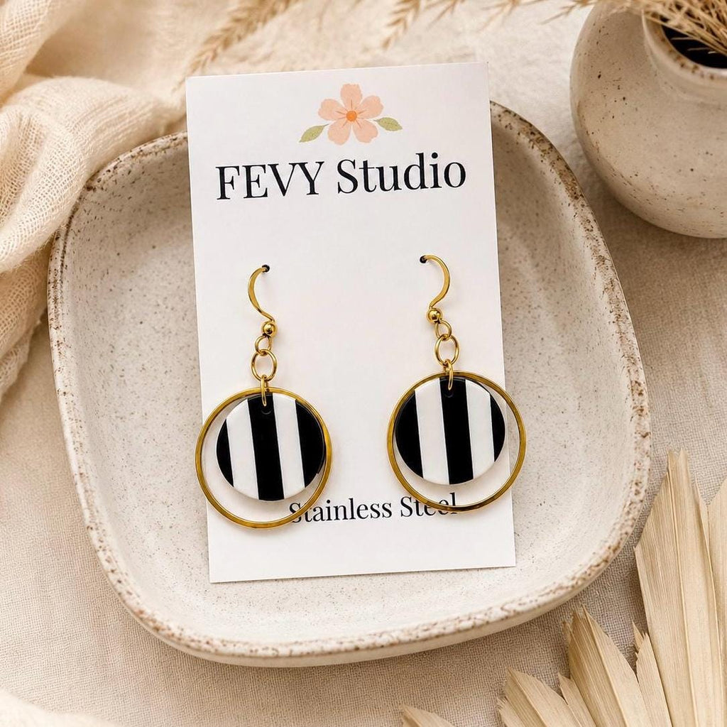 Black White Stripe Polymer Clay Earrings, 18K Gold Plated Geometric Hoops