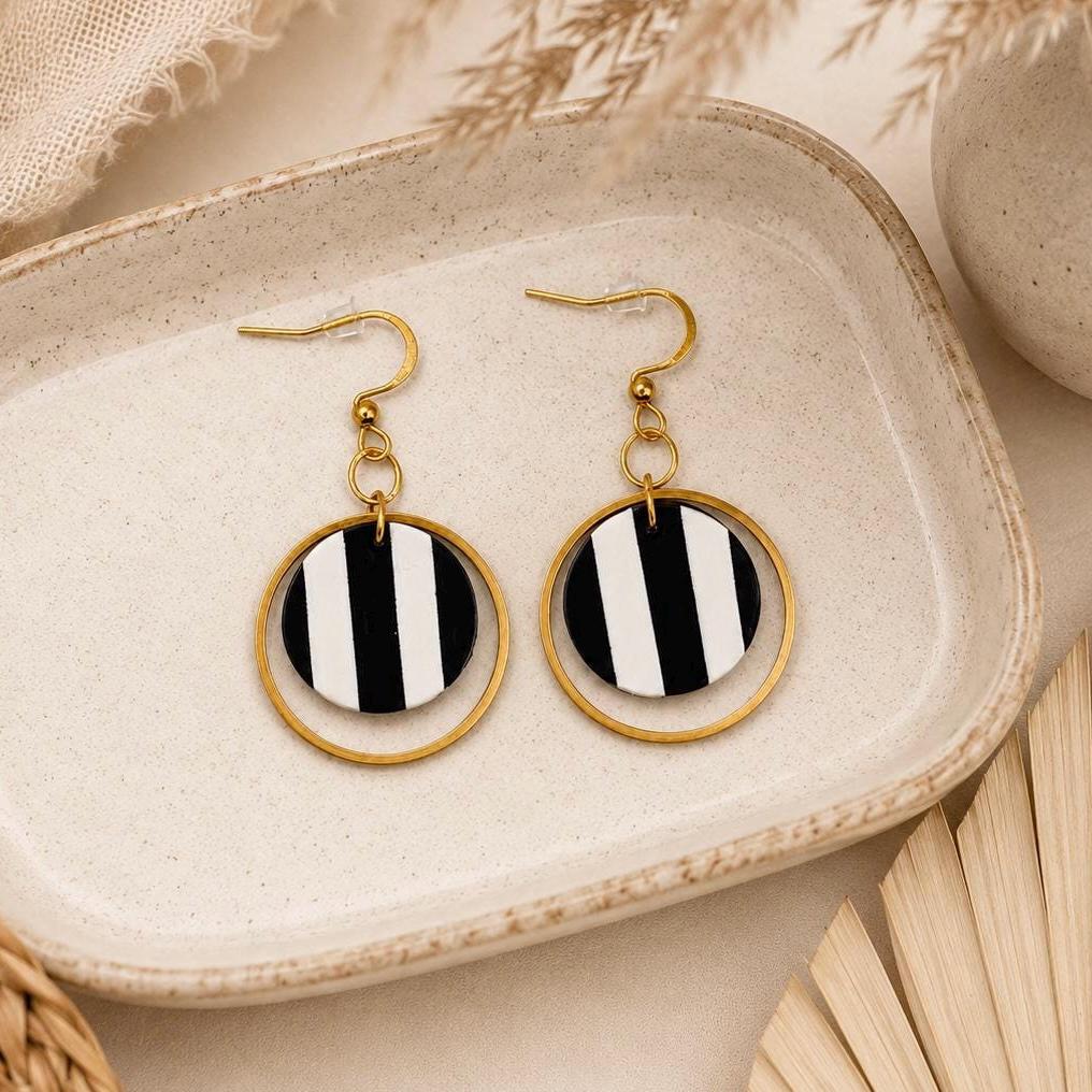 Black White Stripe Polymer Clay Earrings, 18K Gold Plated Geometric Hoops