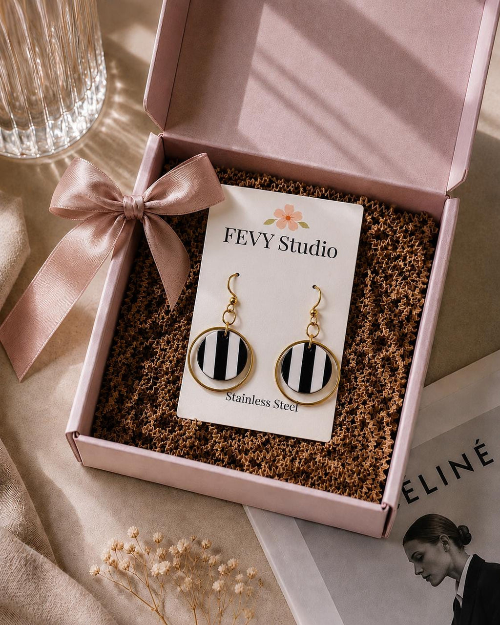Black White Stripe Polymer Clay Earrings, 18K Gold Plated Geometric Hoops