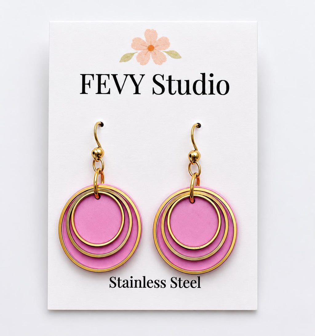 Pink Polymer Clay Earrings, Gold Layered Circles, Lightweight Dangle, Stainless Steel Hooks