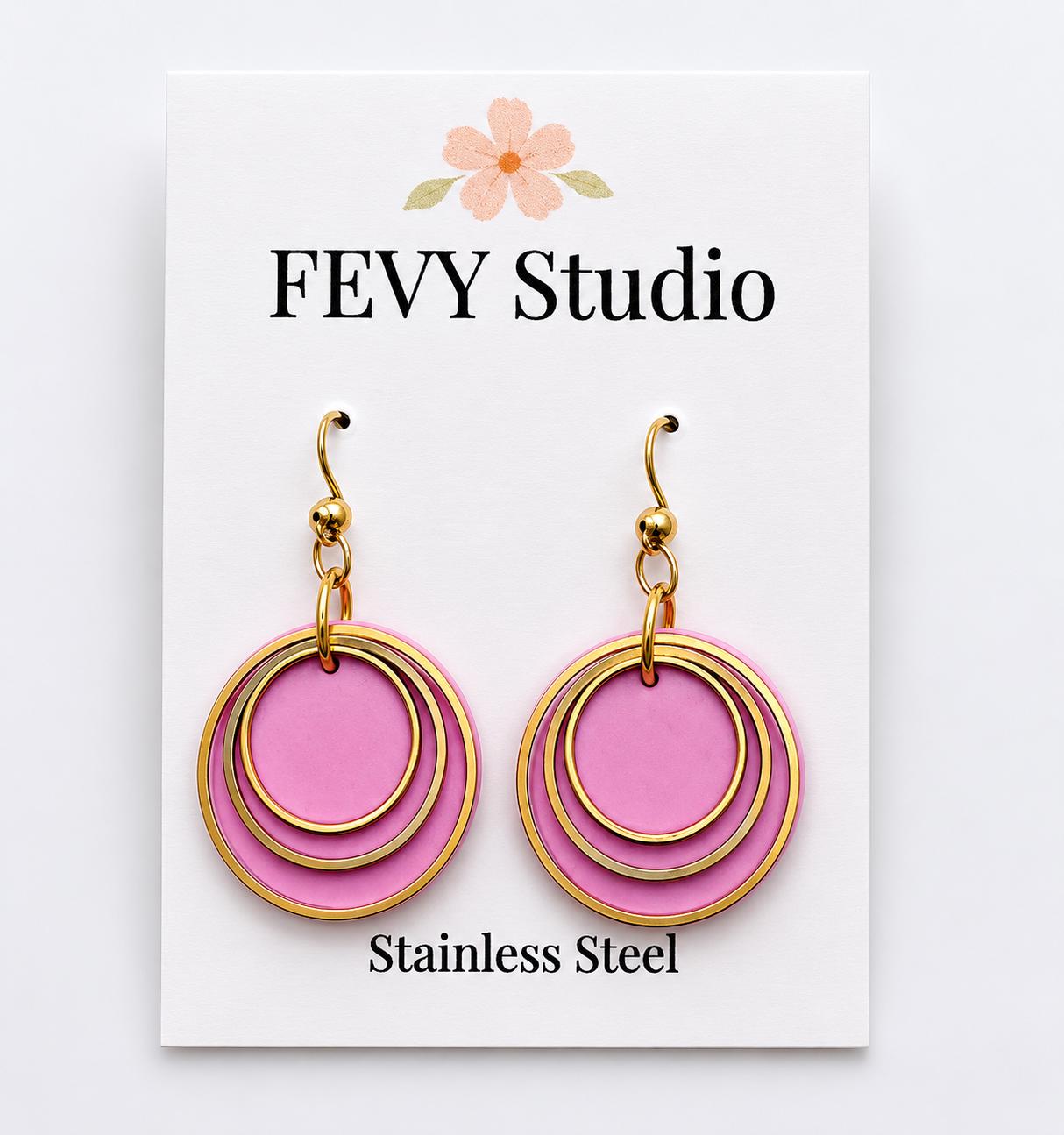 Pink Polymer Clay Earrings, Gold Layered Circles, Lightweight Dangle, Stainless Steel Hooks