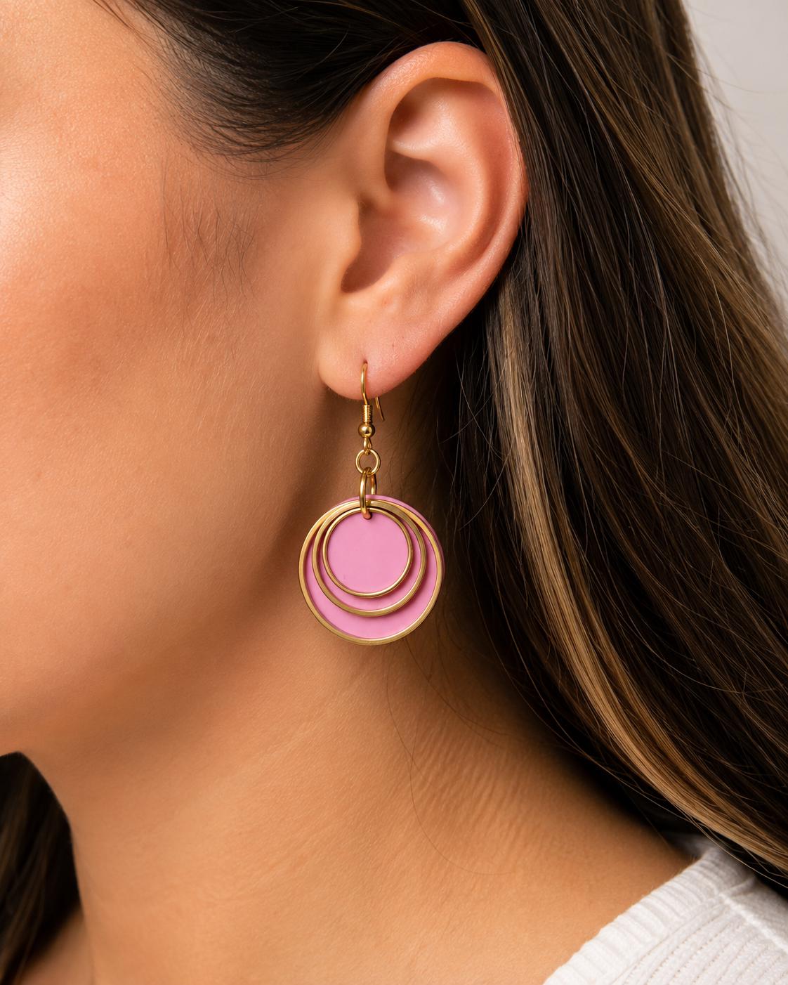 Pink Polymer Clay Earrings, Gold Layered Circles, Lightweight Dangle, Stainless Steel Hooks