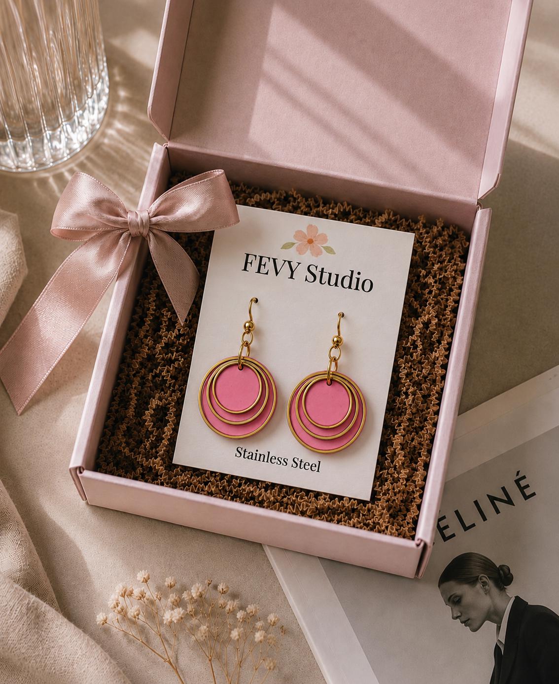 Pink Polymer Clay Earrings, Gold Layered Circles, Lightweight Dangle, Stainless Steel Hooks