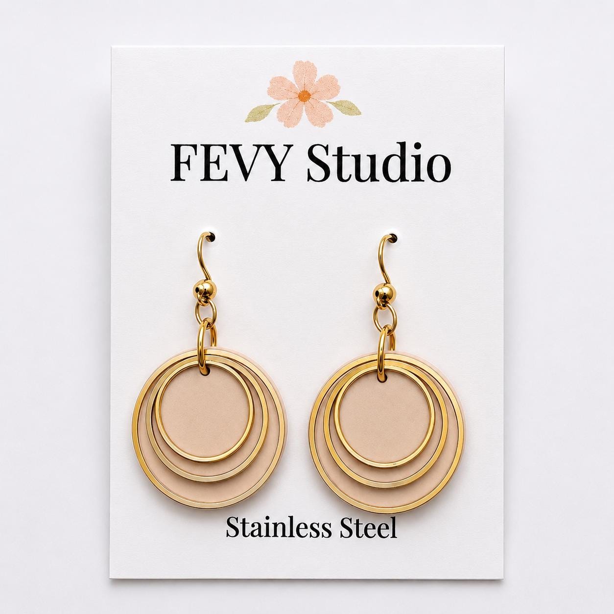 Beige Layered Circle Earrings, Boho Polymer Clay Dangle Jewelry, Lightweight Statement Accessory