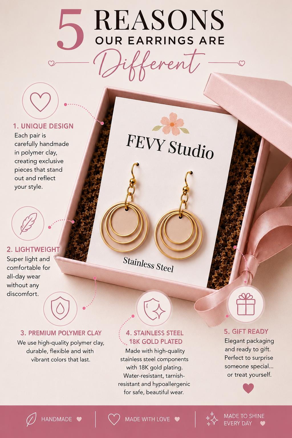 Beige Layered Circle Earrings, Boho Polymer Clay Dangle Jewelry, Lightweight Statement Accessory