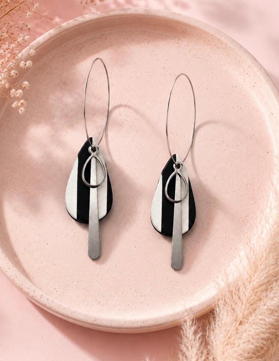Handmade Black White Geometric Polymer Clay Earrings, Lightweight Dangle Jewelry