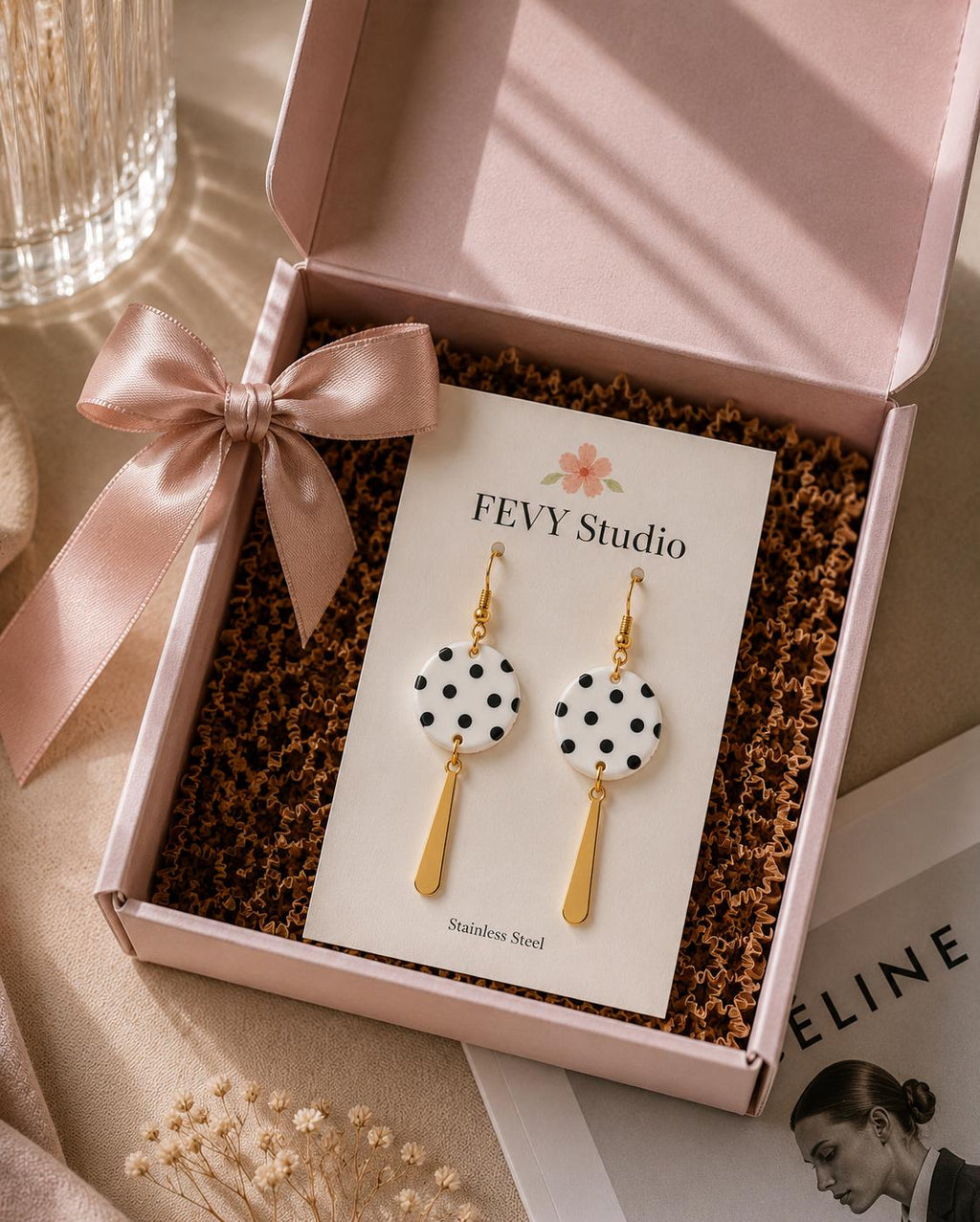 Black and White Polka Dot Earrings | Handmade Polymer Clay Dangle Earrings | Lightweight Statement Earrings | Gold Stainless Steel Hooks
