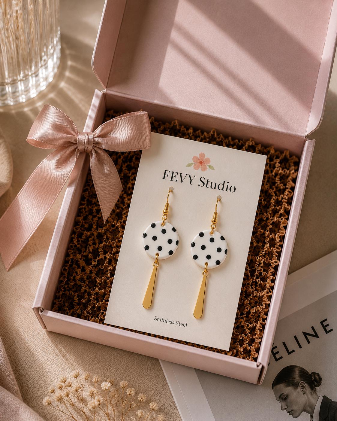 Black and White Polka Dot Earrings | Handmade Polymer Clay Dangle Earrings | Lightweight Statement Earrings | Gold Stainless Steel Hooks