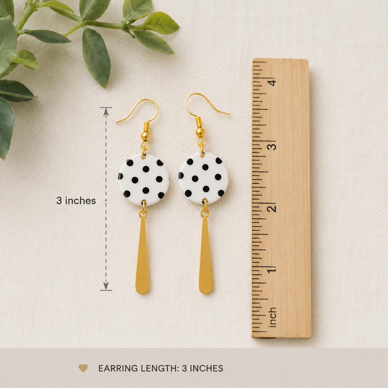 Black and White Polka Dot Earrings | Handmade Polymer Clay Dangle Earrings | Lightweight Statement Earrings | Gold Stainless Steel Hooks