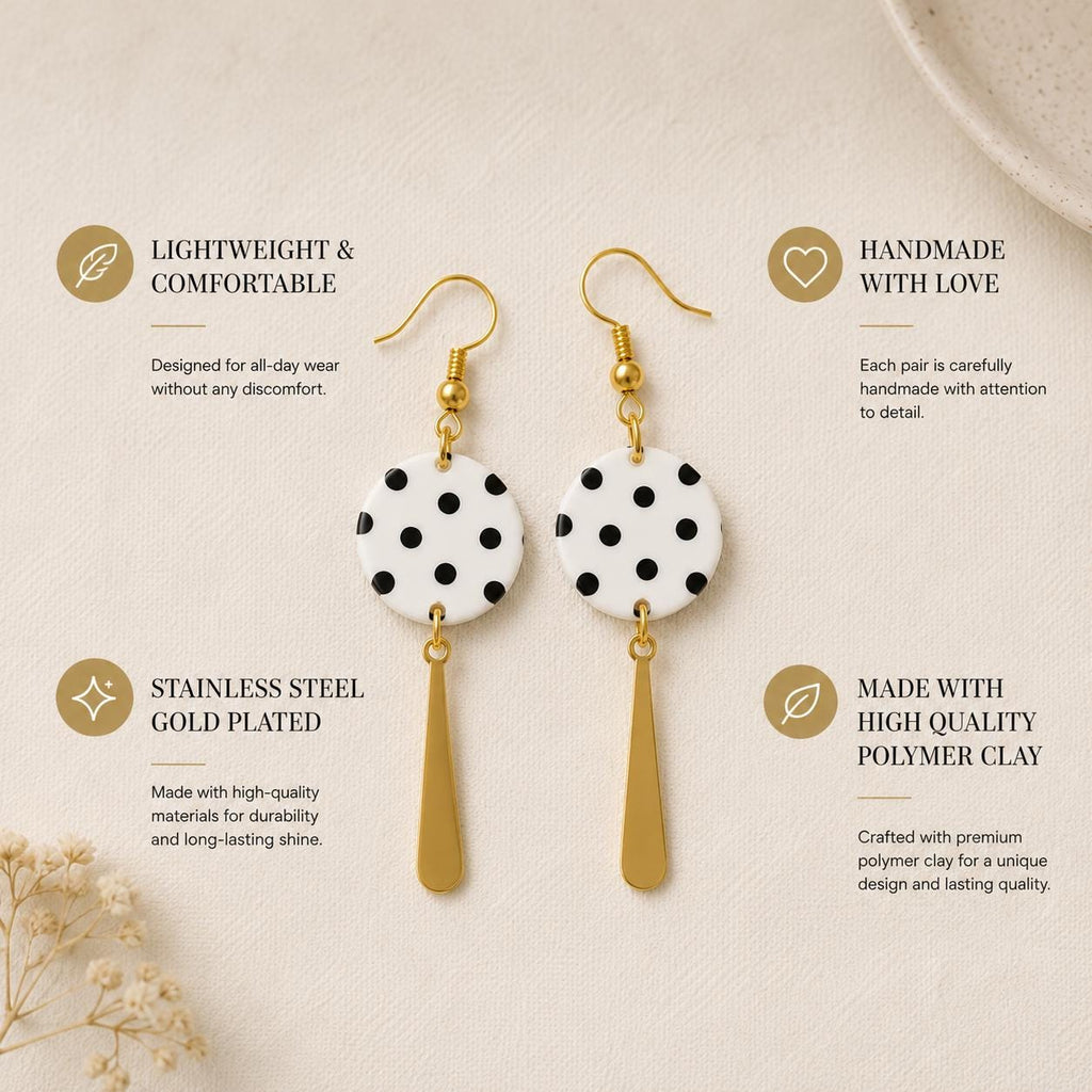 Black and White Polka Dot Earrings | Handmade Polymer Clay Dangle Earrings | Lightweight Statement Earrings | Gold Stainless Steel Hooks