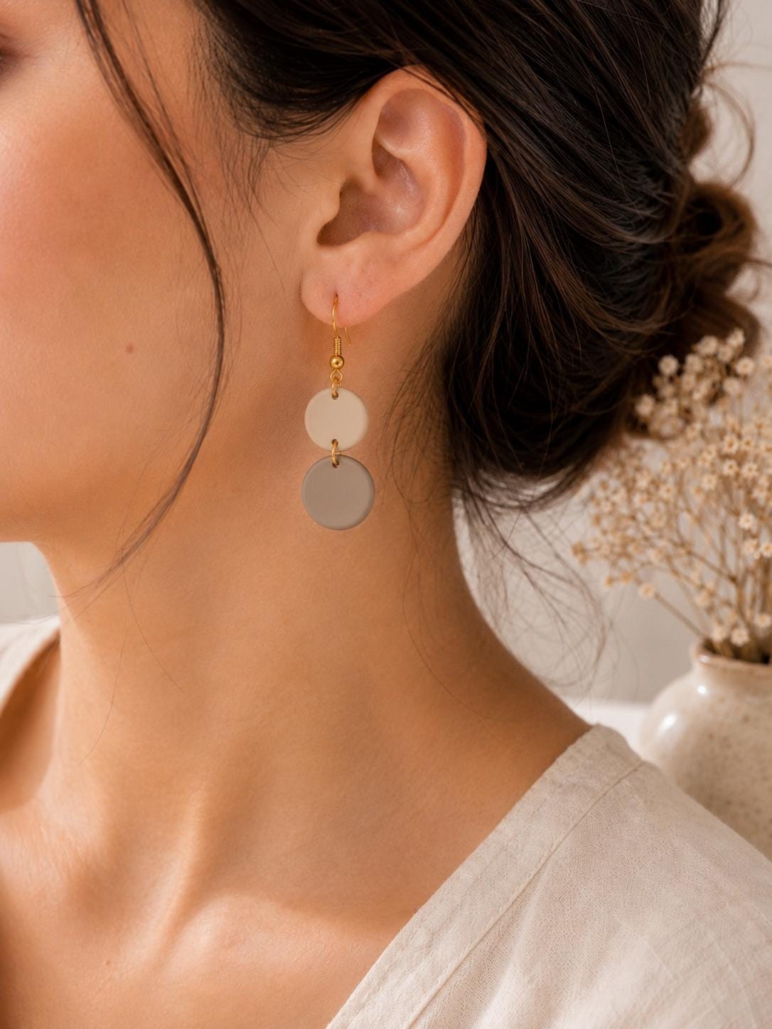 Beige Double Circle Earrings, Neutral Polymer Clay Earrings, Lightweight Dangle Earrings, Minimalist Boho Jewelry for Women