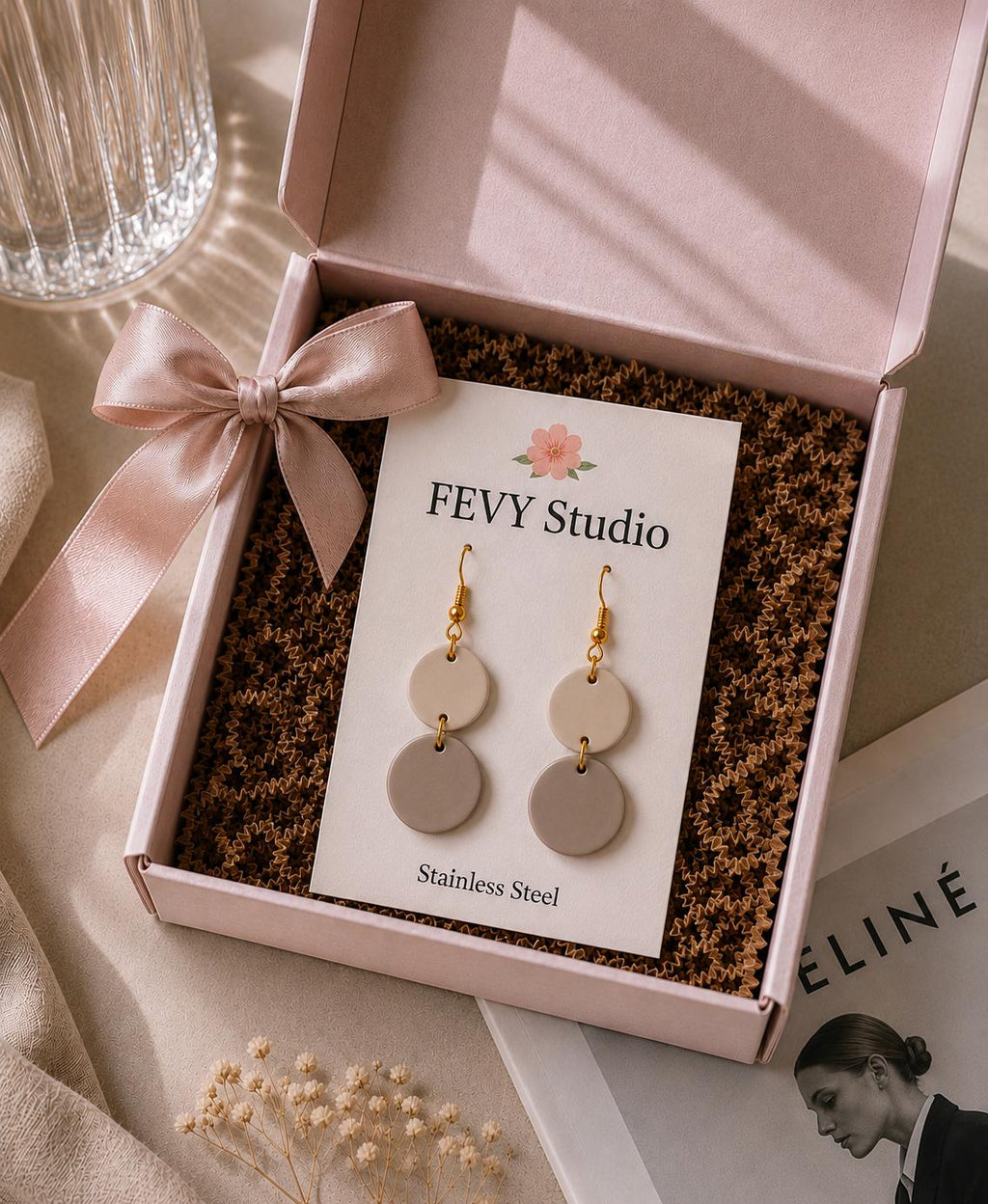 Beige Double Circle Earrings, Neutral Polymer Clay Earrings, Lightweight Dangle Earrings, Minimalist Boho Jewelry for Women