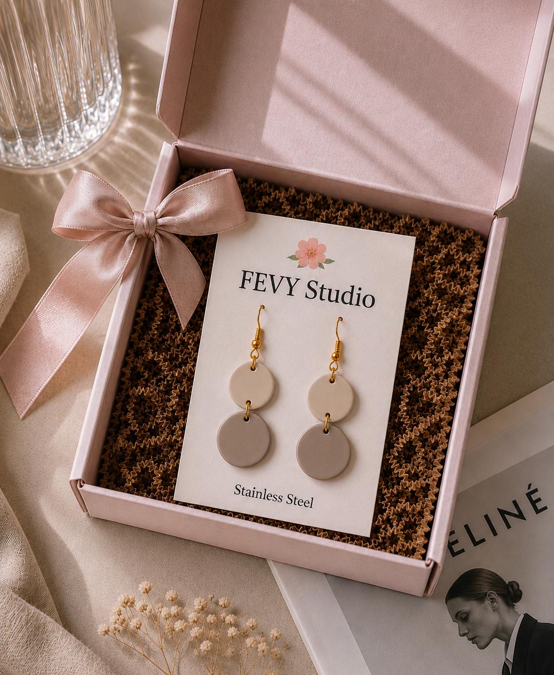 Beige Double Circle Earrings, Neutral Polymer Clay Earrings, Lightweight Dangle Earrings, Minimalist Boho Jewelry for Women