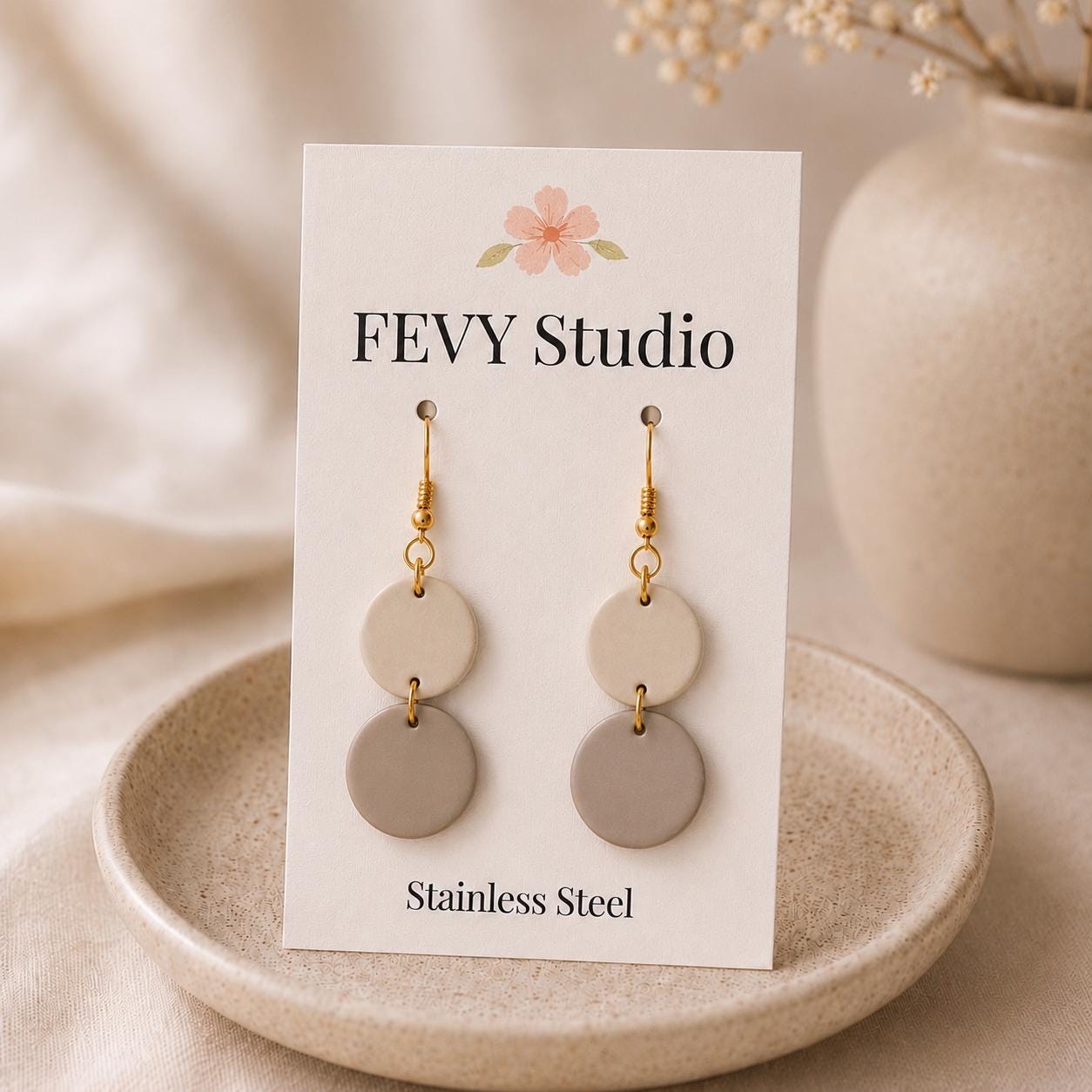 Beige Double Circle Earrings, Neutral Polymer Clay Earrings, Lightweight Dangle Earrings, Minimalist Boho Jewelry for Women