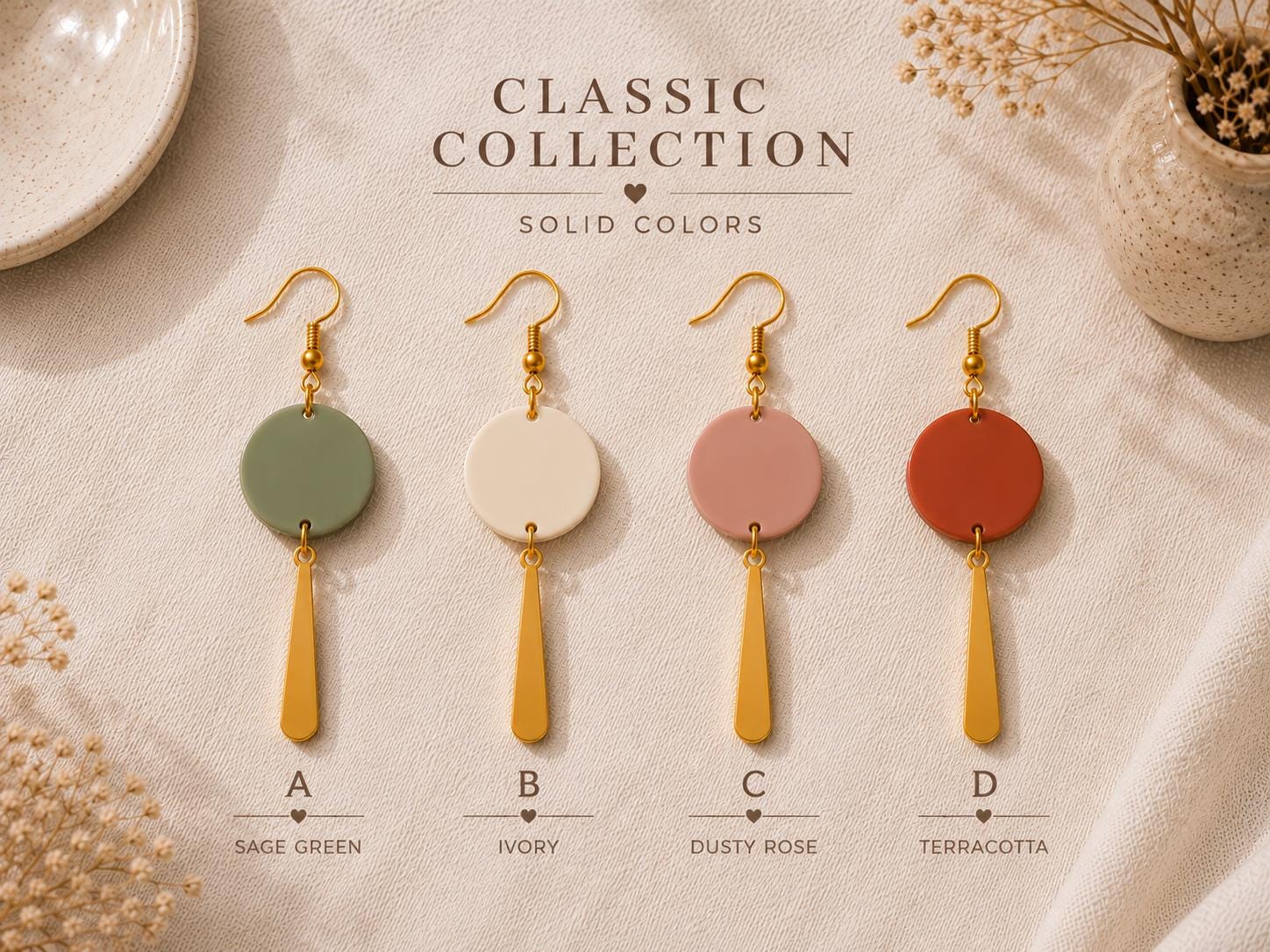 Polymer Clay Earrings, Gold Dangle Earrings, Lightweight Earrings, Sage Green Ivory Dusty Rose Terracotta Earrings