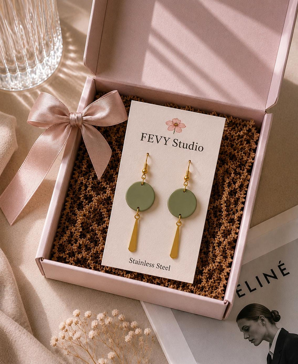 Polymer Clay Earrings, Gold Dangle Earrings, Lightweight Earrings, Sage Green Ivory Dusty Rose Terracotta Earrings