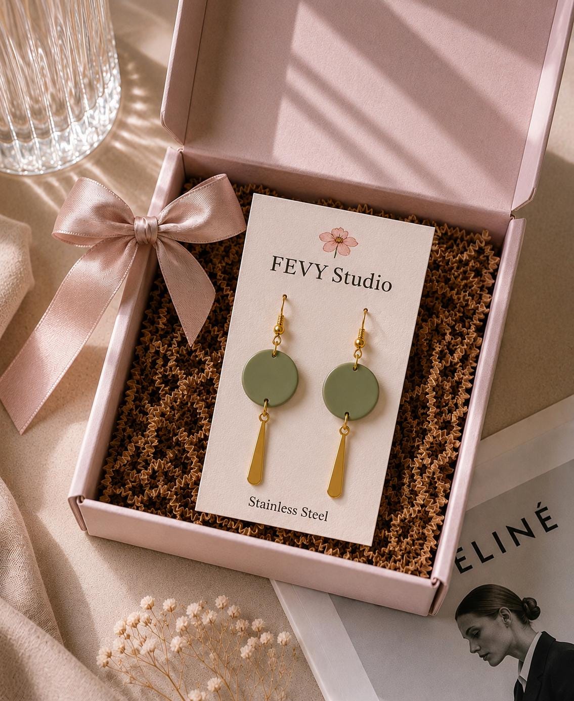 Polymer Clay Earrings, Gold Dangle Earrings, Lightweight Earrings, Sage Green Ivory Dusty Rose Terracotta Earrings