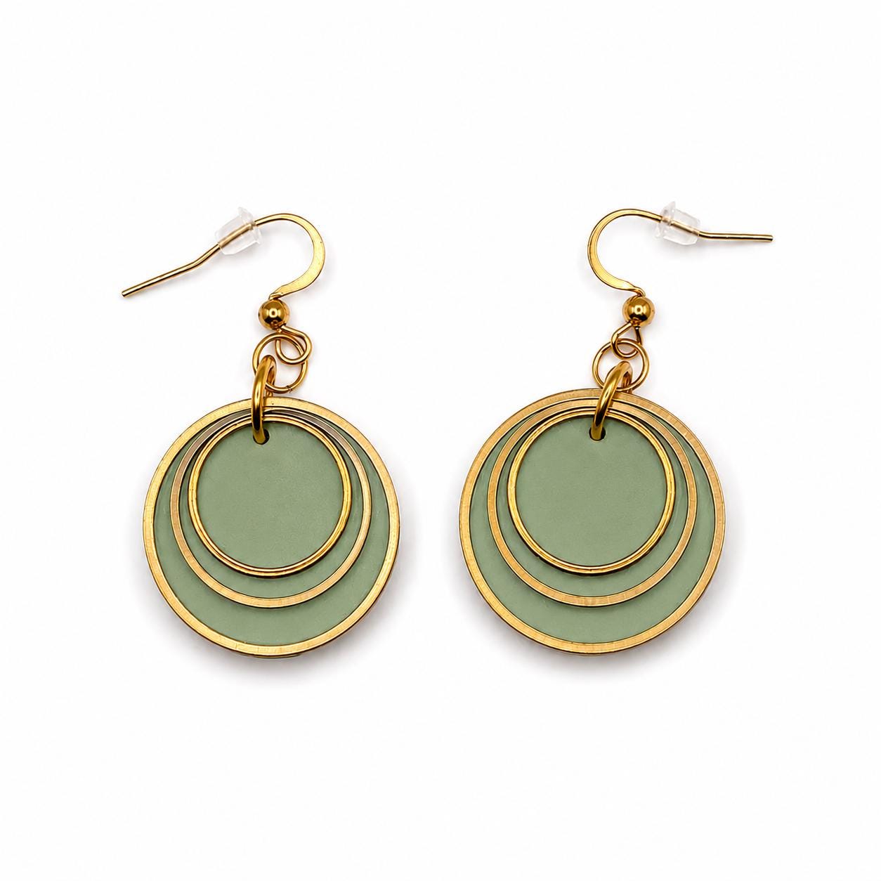 Green Layered Circle Earrings, Boho Polymer Clay Dangle Jewelry, Lightweight Statement Accessory
