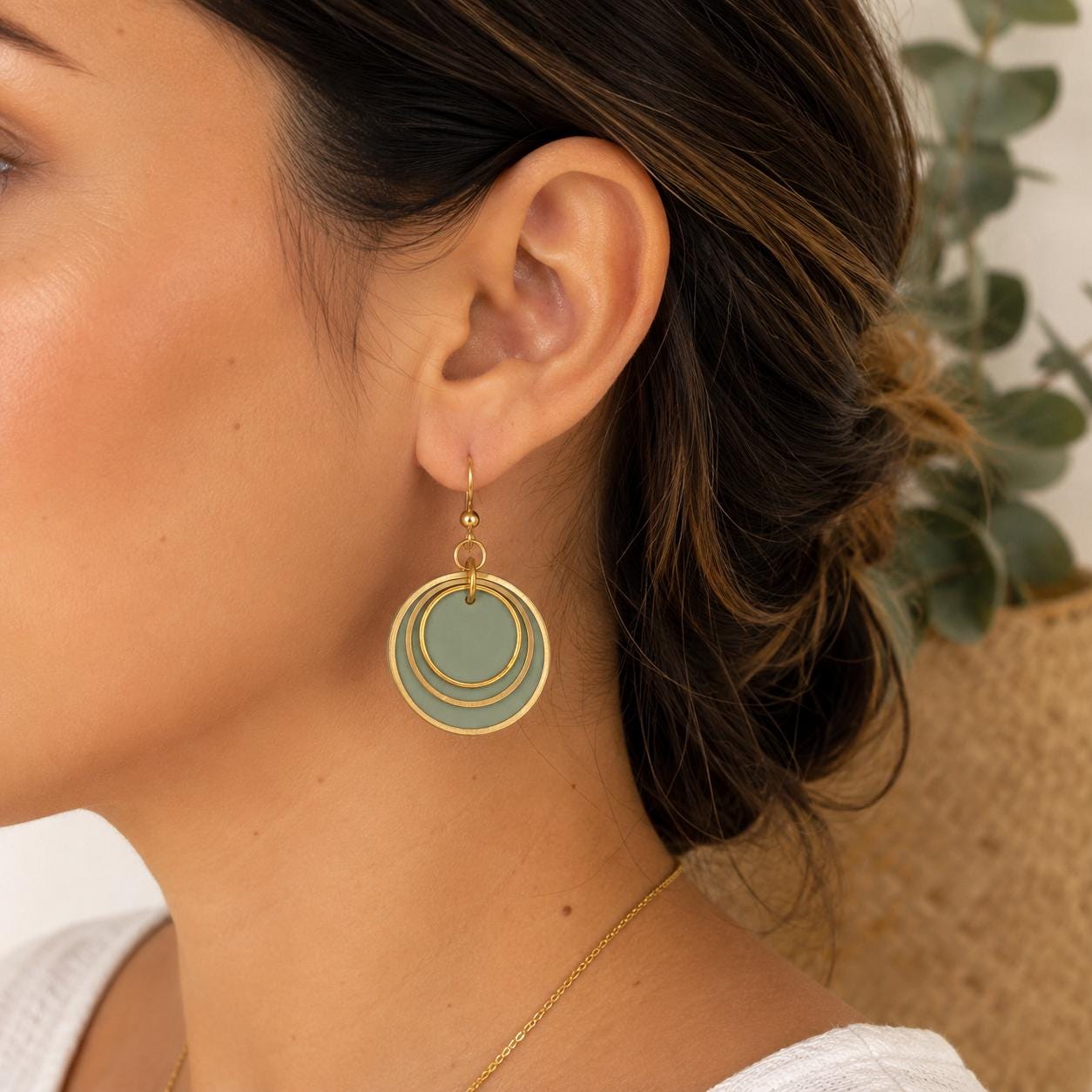 Green Layered Circle Earrings, Boho Polymer Clay Dangle Jewelry, Lightweight Statement Accessory