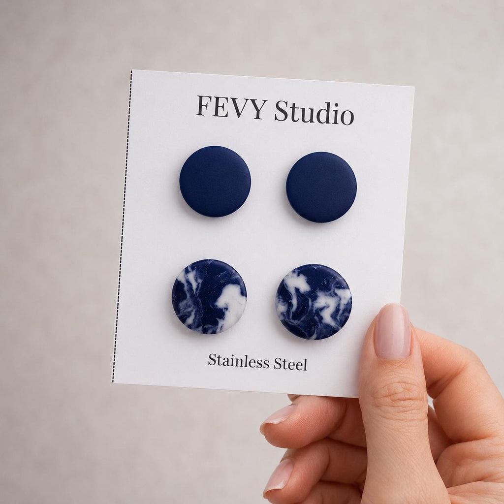 Handmade Navy Blue Marbled Polymer Clay Stud Earrings, Minimalist Chic Set