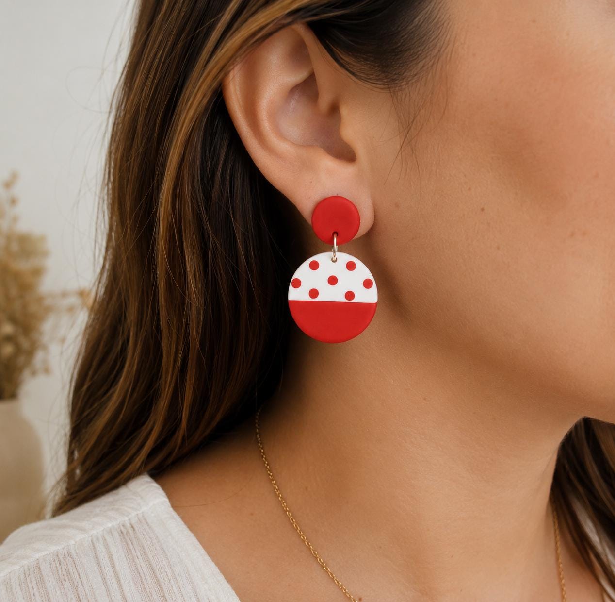 Red White Polka Dot Polymer Clay Dangle Earrings, Modern Handmade Statement Jewelry